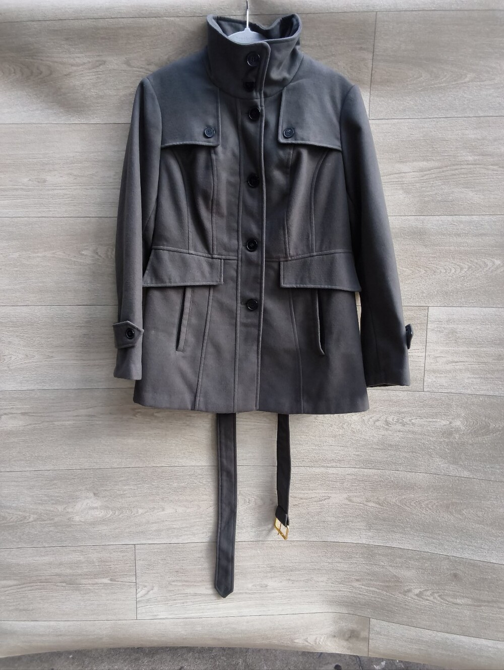 Nicole Miller New York Belted Trench Coat Women's Large Gray Funnel Neck Jacket